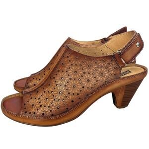 Pikolinos Java W5A-1805 Brandy Leather Peep Toe Perforated Slingback Sandal Boho